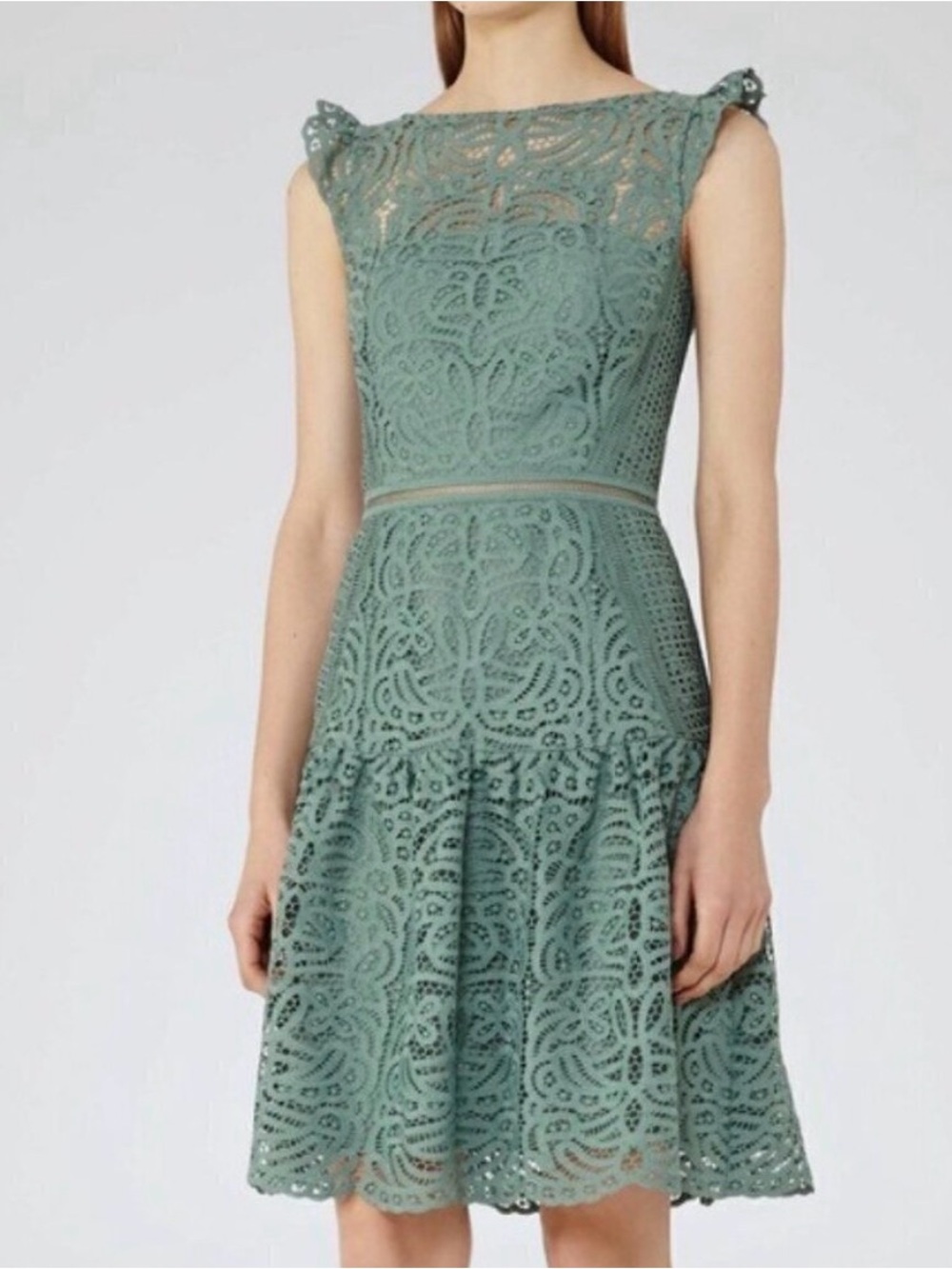 Reiss Herrera Cap Sleeve Lace Dress Green Fit and Flare Knee Length Size 0